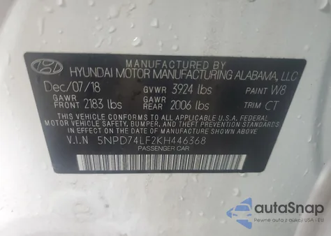 2019 Hyundai Elantra Se z USA, uszkodzony, nr VIN 5NPD74LF2KH446368